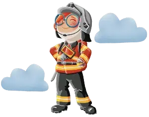 Un pompier dessiné, prêt à s'aventurer dans les parcs Palomano